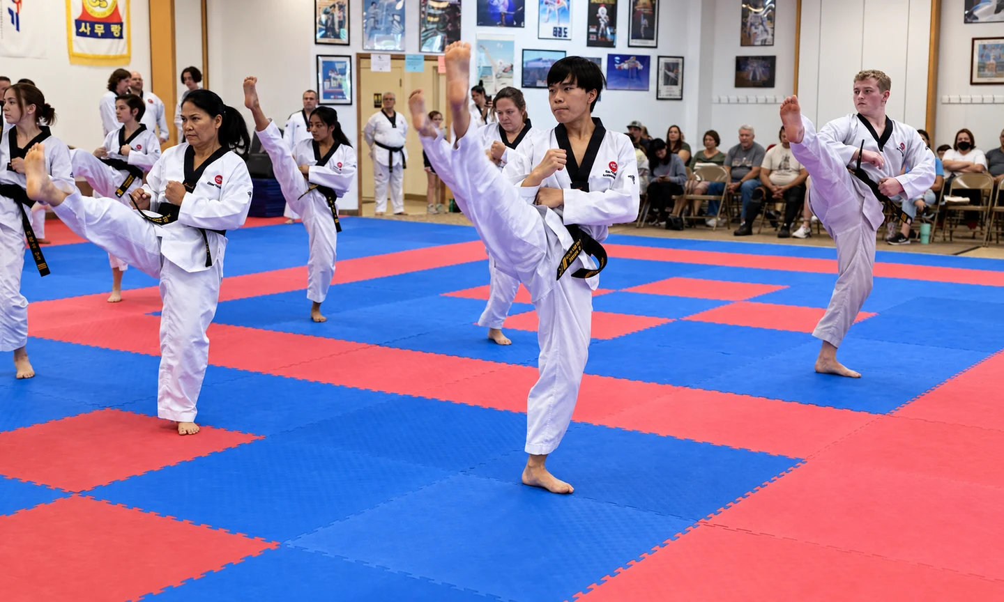 Adult martial artists performing synchronized kicks.