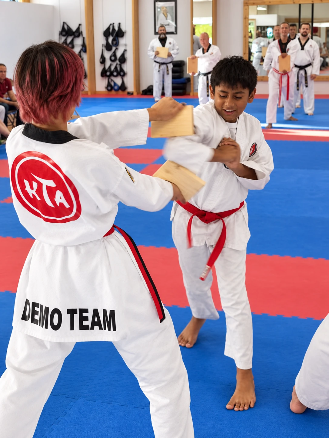 Children practicing board breaking at KTA.