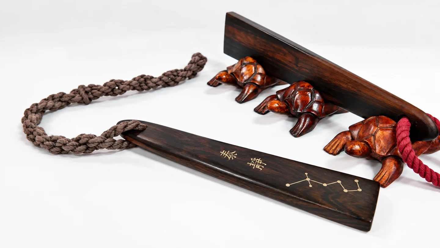 Braided cords, carved wooden ornaments, and two decorated wooden bars displayed on a white surface.
